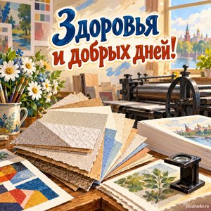 День российской полиграфии — открытка «Здоровья и добрых дней!» с образцами бумаги разных фактур