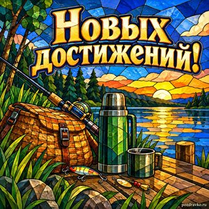 День рыбака — открытка «Новых достижений!» с термосом и рыболовной корзиной