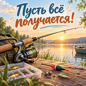 День рыбака — открытка «Пусть всё получается!» с аккуратной рыболовной снастью без надписей