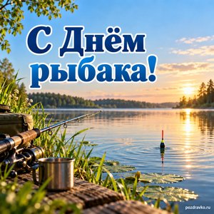 День рыбака — открытка «С Днём рыбака!» с поплавком на спокойной воде