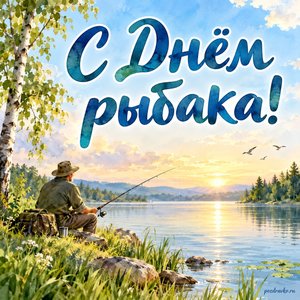 День рыбака — открытка «С Днём рыбака!» с рыбаком у тихого летнего озера