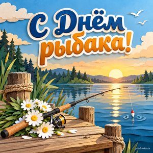 День рыбака — открытка «С Днём рыбака!» с удочкой и ромашками на деревянном мостике