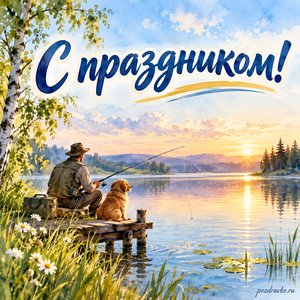 День рыбака — открытка «С праздником!» с рыбаком у тихого летнего озера