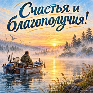 День рыбака — открытка «Счастья и благополучия!» с рыболовной лодкой в утреннем тумане