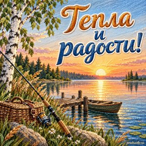 День рыбака — открытка «Тепла и радости!» с восходом солнца над озером