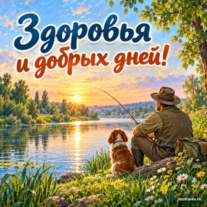 День рыбака — открытка «Здоровья и добрых дней!» с рыбаком на зелёном речном берегу