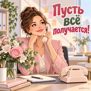 День секретаря — открытка «Пусть всё получается!» с телефонным аппаратом без маркировки и цветами