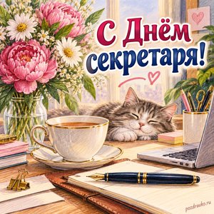 День секретаря — открытка «С Днём секретаря!» с чашкой чая и перьевой ручкой