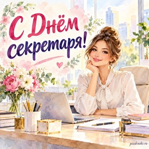 День секретаря — открытка «С Днём секретаря!» с секретарём у светлого рабочего стола