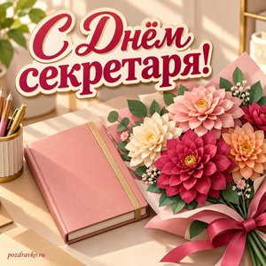 День секретаря — открытка «С Днём секретаря!» с закрытым блокнотом и букетом георгин