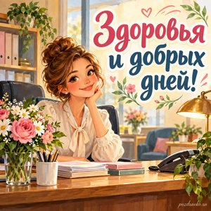 День секретаря — открытка «Здоровья и добрых дней!» с уютной офисной приёмной без вывесок