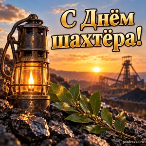 День шахтёра — открытка «С Днём шахтёра!» с шахтёрской лампой и веточкой лавра