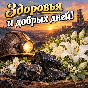 День шахтёра — открытка «Здоровья и добрых дней!» с аккуратным образцом угля и белыми цветами