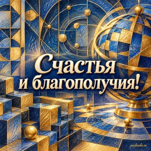 День шифровальщика — открытка «Счастья и благополучия!» с геометрической мозаикой в синих и золотых тонах