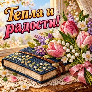 День шифровальщика — открытка «Тепла и радости!» с закрытым блокнотом и весенним букетом