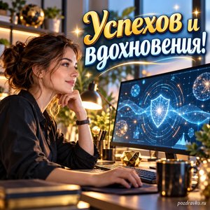 День шифровальщика — открытка «Успехов и вдохновения!» со специалистом за столом с экраном без букв