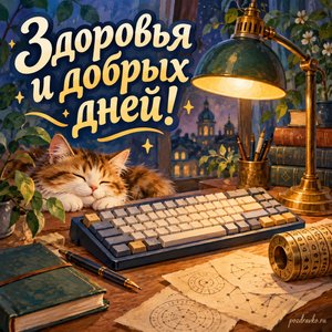 День шифровальщика — открытка «Здоровья и добрых дней!» с аккуратной клавиатурой и настольной лампой