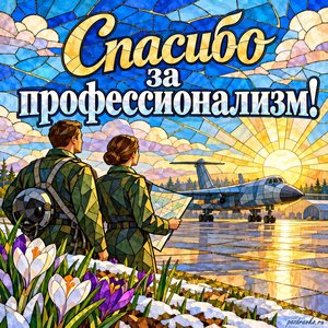 День штурманской службы ВВС России — открытка «Спасибо за профессионализм!» с солнечным аэродромом и ранними весенними цветами