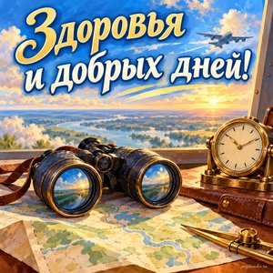 День штурманской службы ВВС России — открытка «Здоровья и добрых дней!» с биноклем, часами и картой без букв