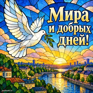 День ССО — открытка «Мира и добрых дней!» с белым голубем над тихим городом