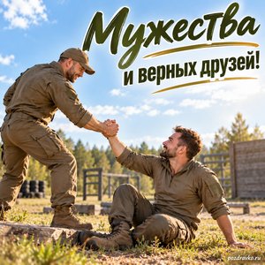 День ССО — открытка «Мужества и верных друзей!» с двумя коллегами на спокойном учебном полигоне