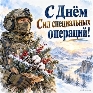 День ССО — открытка «С Днём Сил специальных операций!» с военнослужащим в нейтральной форме и зимним букетом