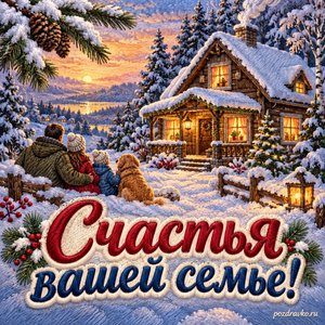 День ССО — открытка «Счастья вашей семье!» с уютным семейным домом среди зимних деревьев