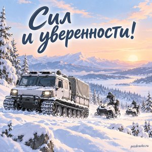 День ССО — открытка «Сил и уверенности!» с зимней учебной техникой без эмблем