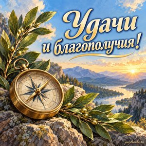 День ССО — открытка «Удачи и благополучия!» с компасом и ветвями лавра