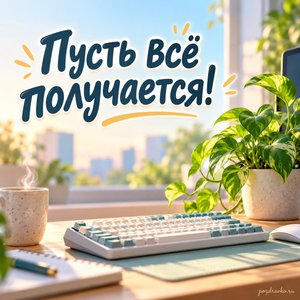 День сисадмина — открытка «Пусть всё получается!» с клавиатурой и зелёным комнатным растением