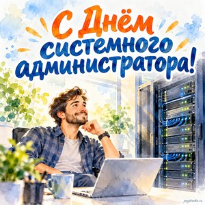 День сисадмина — открытка «С Днём системного администратора!» с администратором у аккуратной серверной стойки