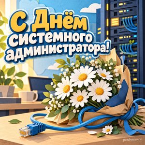 День сисадмина — открытка «С Днём системного администратора!» с сетевым кабелем и букетом ромашек