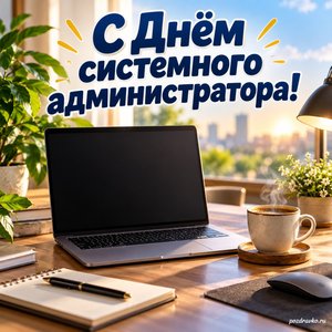 День сисадмина — открытка «С Днём системного администратора!» с ноутбуком с пустым экраном и чашкой кофе