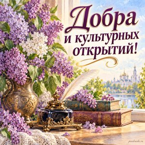 День славянской письменности и культуры — открытка «Добра и культурных открытий!» с старинной чернильницей и сиренью