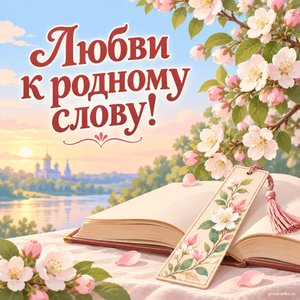 День славянской письменности и культуры — открытка «Любви к родному слову!» с книжной закладкой и цветущей веточкой