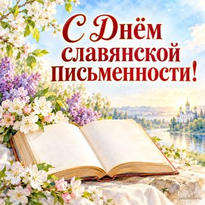 День славянской письменности и культуры — открытка «С Днём славянской письменности!» с раскрытой книгой без букв и весенними цветами