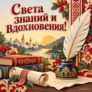 День славянской письменности и культуры — открытка «Света знаний и вдохновения!» с перьевой ручкой и орнаментом в славянских мотивах