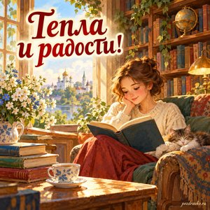 День славянской письменности и культуры — открытка «Тепла и радости!» с читателем в уютной библиотеке