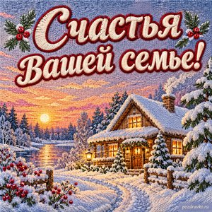 День службы горючего ВС России — открытка «Счастья вашей семье!» с семейным домом и снежными деревьями