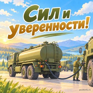 День службы горючего ВС России — открытка «Сил и уверенности!» с нейтральной военной техникой под ясным небом