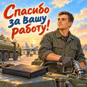 День службы горючего ВС России — открытка «Спасибо за вашу работу!» с техническим специалистом у закрытой рабочей папки