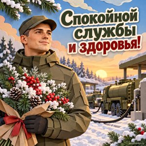 День службы горючего ВС России — открытка «Спокойной службы и здоровья!» с сотрудником в нейтральной форме и зимним букетом