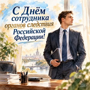 День следователя — открытка «С Днём сотрудника органов следствия Российской Федерации!» с сотрудником в деловом костюме у окна