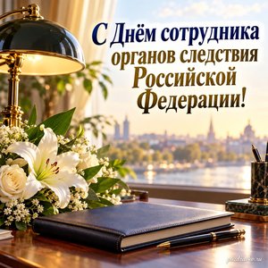 День следователя — открытка «С Днём сотрудника органов следствия Российской Федерации!» с настольной лампой и закрытым блокнотом