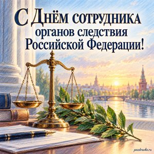 День следователя — открытка «С Днём сотрудника органов следствия Российской Федерации!» с весами правосудия и зелёной веточкой