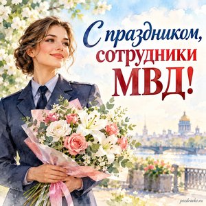 День полиции — открытка «С праздником, сотрудники МВД!» с сотрудником в нейтральной форме и букетом
