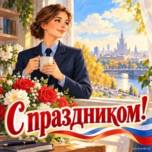 День полиции — открытка «С праздником!» с женщиной в нейтральной форме у окна