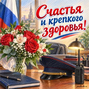 День полиции — открытка «Счастья и крепкого здоровья!» с цветами на рабочем столе