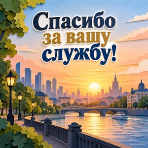 День полиции — открытка «Спасибо за вашу службу!» с городским пейзажем и спокойным рассветом