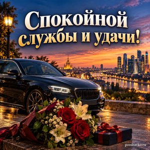 День полиции — открытка «Спокойной службы и удачи!» с автомобилем без надписей у вечернего города